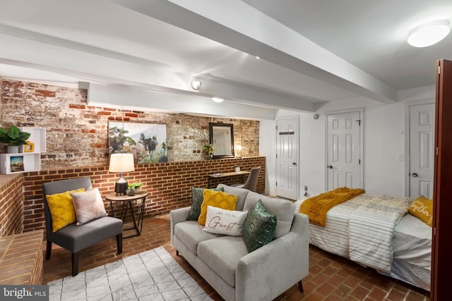 513 Princess Anne St, Fredericksburg, VA 22401 - bedroom with brick floor, beamed ceiling, and brick wall