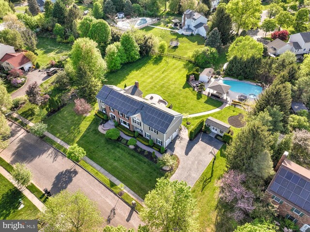 view from above of property featuring a pool