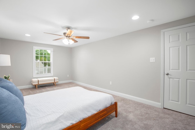 bedroom with carpet floors, recessed lighting, baseboards, and ceiling fan