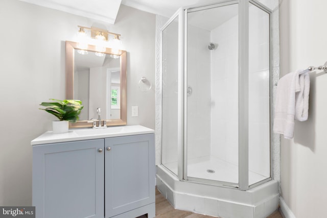 bathroom with vanity and a stall shower