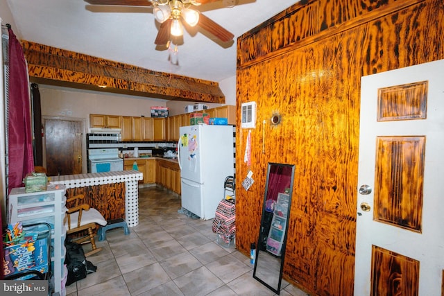 kitchen featuring white appliances, a ceiling fan, and light tile patterned floors