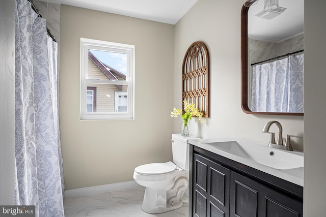 full bathroom with visible vents, baseboards, vanity, toilet, and marble finish floor
