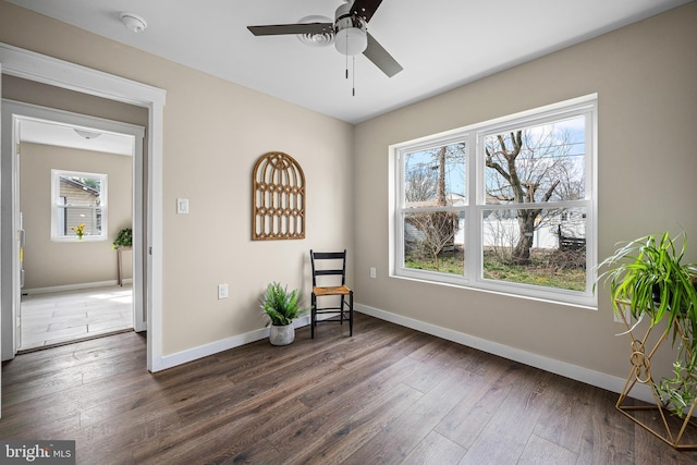 sitting room with baseboards, dark wood-style floors, and a wealth of natural light