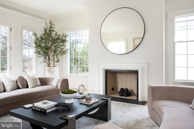 living area featuring crown molding and a fireplace with flush hearth