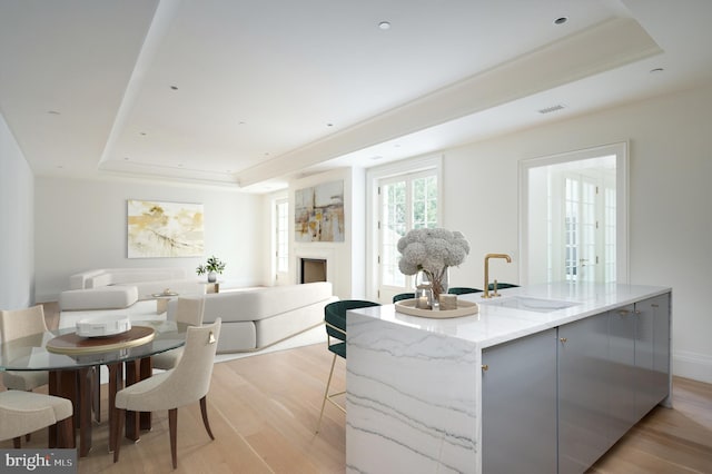 kitchen featuring light stone counters, a sink, light wood finished floors, a raised ceiling, and visible vents