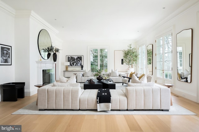 living area with baseboards, ornamental molding, a fireplace with raised hearth, and wood finished floors