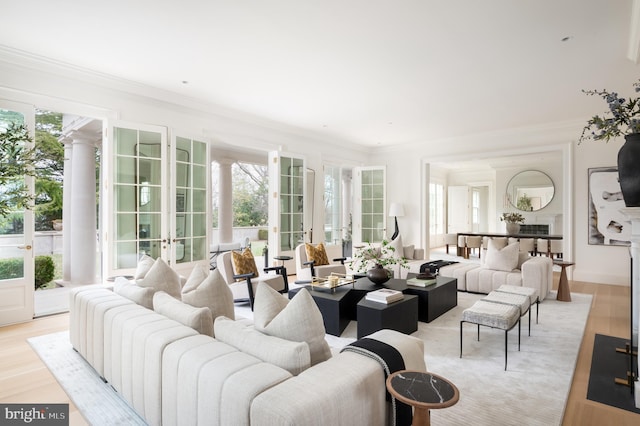 living room with ornamental molding, french doors, and a wealth of natural light