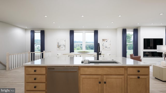 kitchen featuring a sink, plenty of natural light, stainless steel dishwasher, and open floor plan