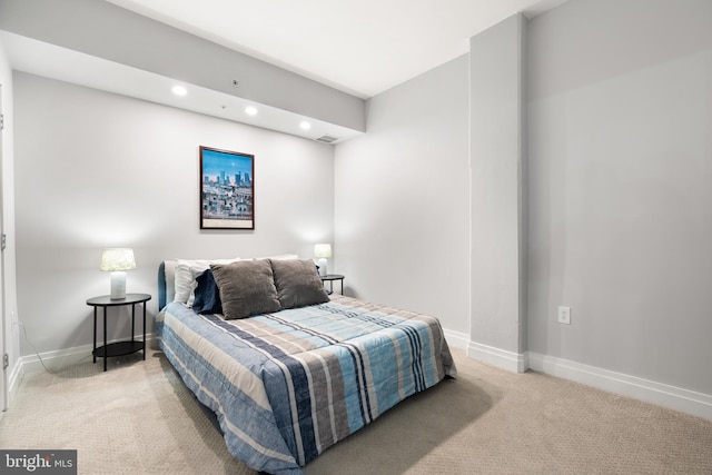 bedroom featuring carpet floors, recessed lighting, baseboards, and visible vents
