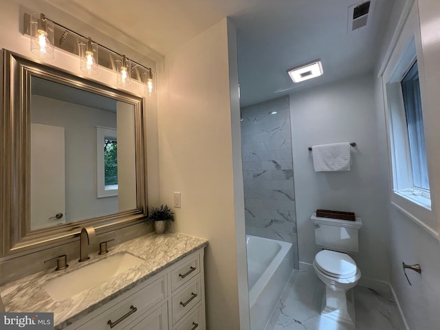 8122 Stacey Rd, Alexandria, VA 22308 - bathroom featuring toilet, visible vents, baseboards, marble finish floor, and vanity