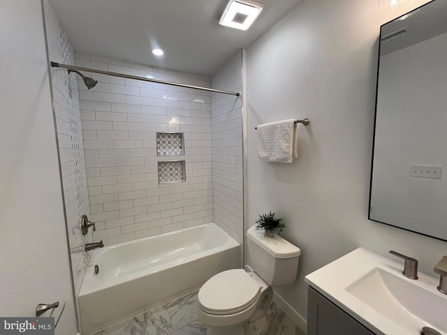 8122 Stacey Rd, Alexandria, VA 22308 - bathroom featuring toilet, marble look tile flooring, vanity, shower / bathtub combination, and baseboards
