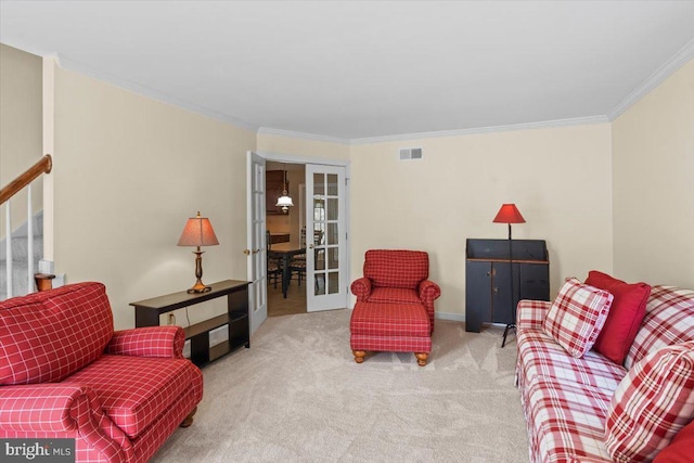 3161 Grande Oak Pl, Lancaster, PA 17601 - carpeted living room with stairs, crown molding, french doors, and visible vents