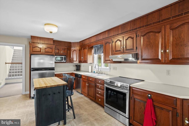 3161 Grande Oak Pl, Lancaster, PA 17601 - kitchen with under cabinet range hood, a breakfast bar, wooden counters, a sink, and appliances with stainless steel finishes