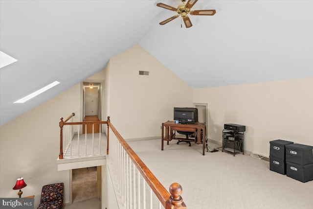 3161 Grande Oak Pl, Lancaster, PA 17601 - additional living space featuring vaulted ceiling with skylight, visible vents, carpet floors, a ceiling fan, and baseboards
