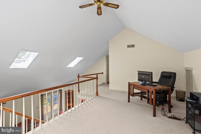 3161 Grande Oak Pl, Lancaster, PA 17601 - home office with lofted ceiling with skylight, a ceiling fan, visible vents, and carpet flooring