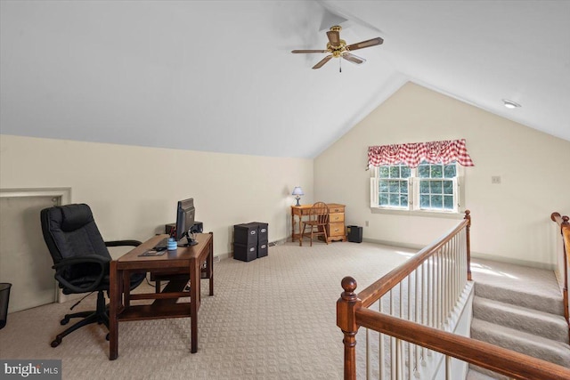 3161 Grande Oak Pl, Lancaster, PA 17601 - carpeted home office with lofted ceiling, baseboards, and ceiling fan