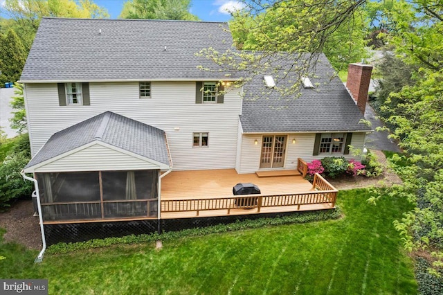 3161 Grande Oak Pl, Lancaster, PA 17601 - rear view of property with roof with shingles, a deck, a yard, a chimney, and a sunroom