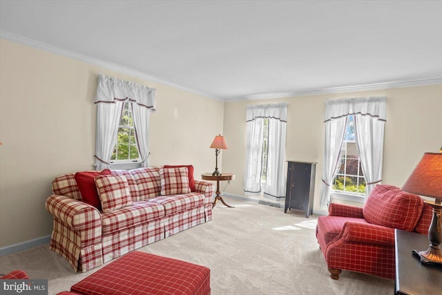 3161 Grande Oak Pl, Lancaster, PA 17601 - carpeted living room featuring crown molding, a wealth of natural light, baseboards, and visible vents
