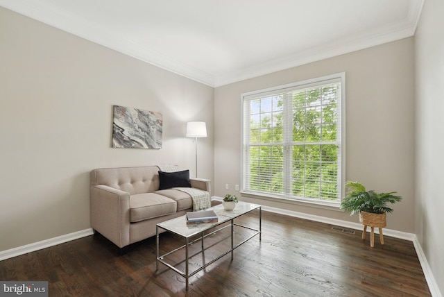 51 Knickerbocker Ln, Malvern, PA 19355 - living area featuring baseboards, crown molding, and dark wood finished floors