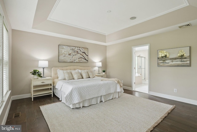 51 Knickerbocker Ln, Malvern, PA 19355 - bedroom with dark wood-type flooring, baseboards, a raised ceiling, and ensuite bathroom