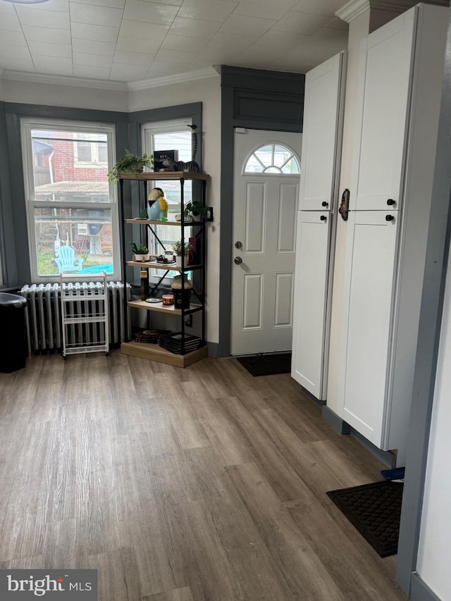 907 Birch St, Reading, PA 19604 - entrance foyer with wood finished floors, ornamental molding, and radiator