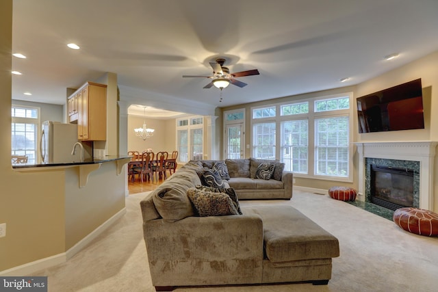 9124 Back Drop Dr, Perry Hall, MD 21128 - living room featuring light colored carpet, a ceiling fan, baseboards, and recessed lighting