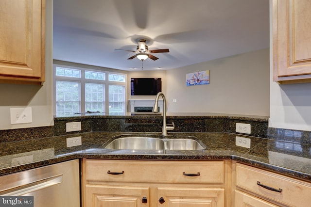 9124 Back Drop Dr, Perry Hall, MD 21128 - kitchen with a sink, dishwasher, light brown cabinets, and a ceiling fan