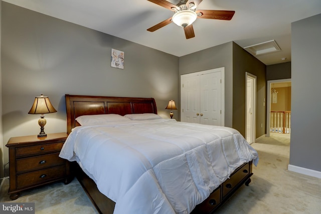 9124 Back Drop Dr, Perry Hall, MD 21128 - bedroom featuring attic access, light carpet, baseboards, and a ceiling fan