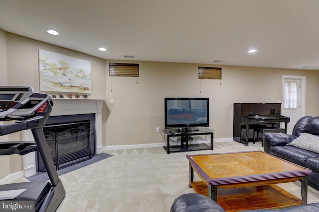 9124 Back Drop Dr, Perry Hall, MD 21128 - living room featuring recessed lighting, carpet flooring, a fireplace with flush hearth, and baseboards