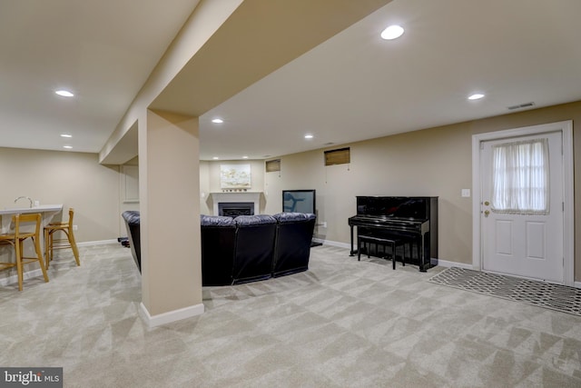 9124 Back Drop Dr, Perry Hall, MD 21128 - living area featuring light colored carpet, recessed lighting, a fireplace, and baseboards