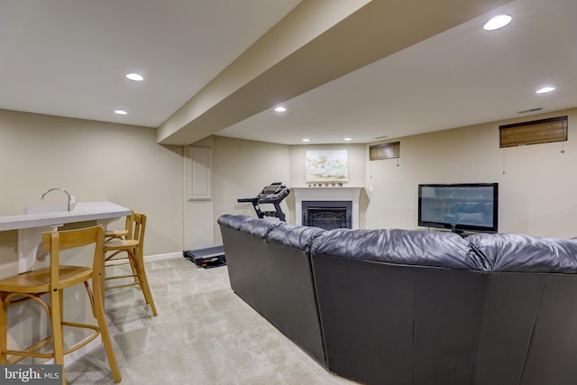 9124 Back Drop Dr, Perry Hall, MD 21128 - living area featuring light colored carpet, recessed lighting, a fireplace, and baseboards