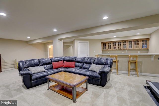 9124 Back Drop Dr, Perry Hall, MD 21128 - living area featuring light carpet, recessed lighting, bar area, and baseboards