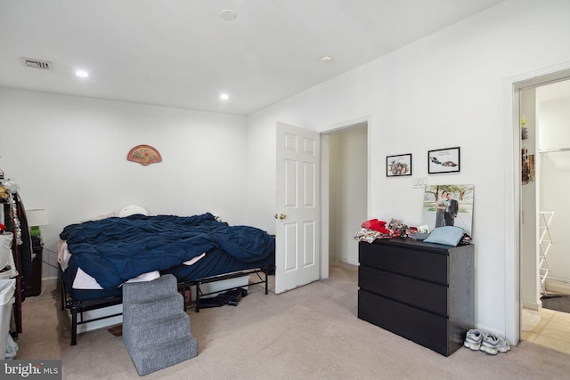 bedroom featuring carpet flooring, recessed lighting, and visible vents