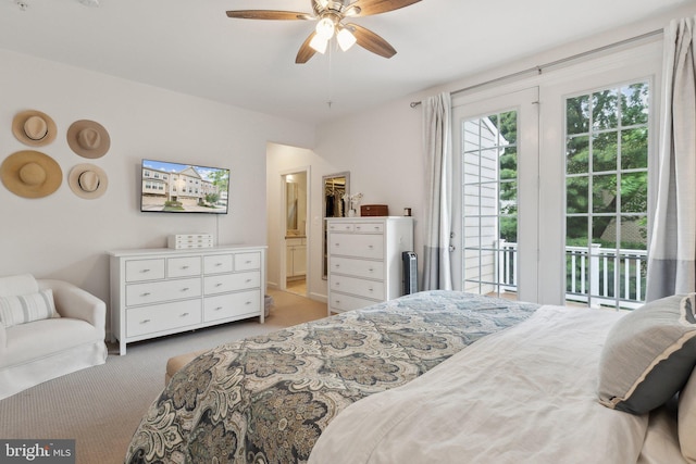 29 Enclave Ct, Annapolis, MD 21403 - bedroom with carpet flooring, access to outside, a ceiling fan, and ensuite bathroom
