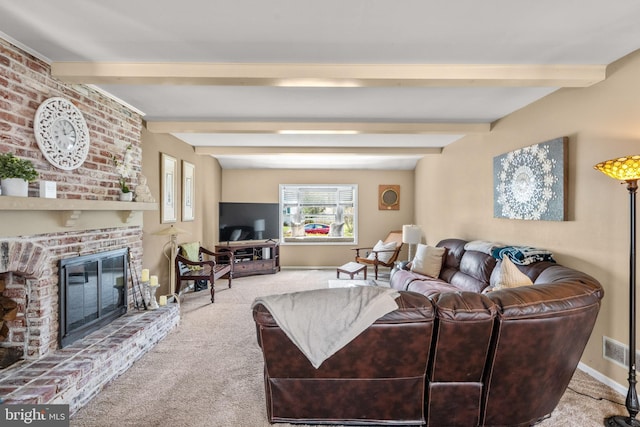 22 Cochise Cir, Medford Lakes, NJ 08055 - carpeted living room featuring beamed ceiling, visible vents, baseboards, and a fireplace