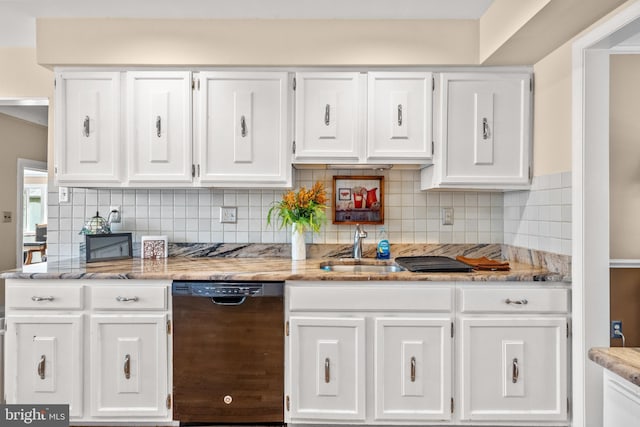 22 Cochise Cir, Medford Lakes, NJ 08055 - kitchen with tasteful backsplash, light stone countertops, dishwasher, a sink, and white cabinets