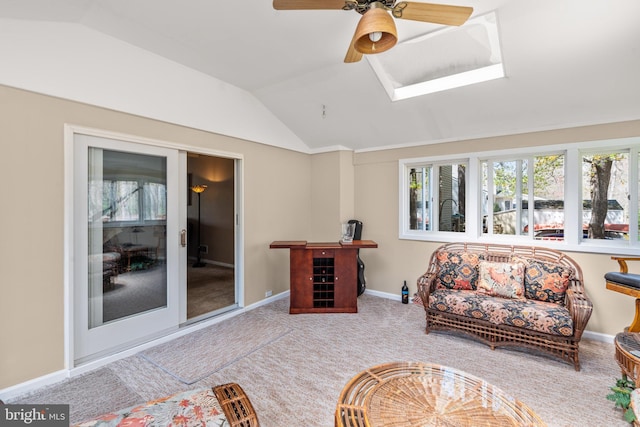 22 Cochise Cir, Medford Lakes, NJ 08055 - living area featuring ceiling fan, carpet, a healthy amount of sunlight, and vaulted ceiling with skylight