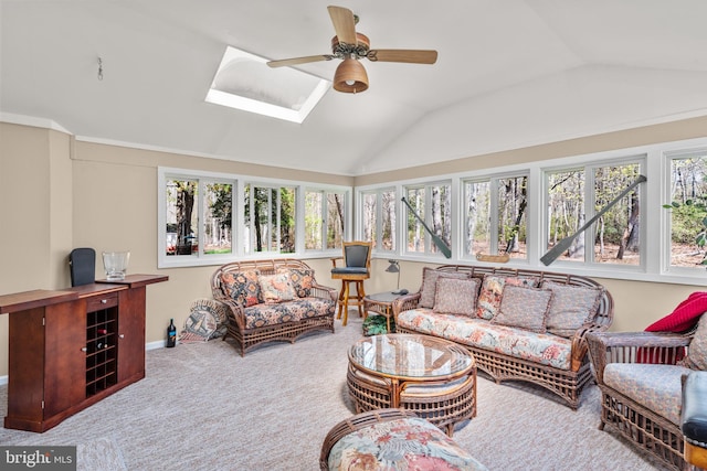 22 Cochise Cir, Medford Lakes, NJ 08055 - living room featuring carpet floors, plenty of natural light, lofted ceiling with skylight, and ceiling fan