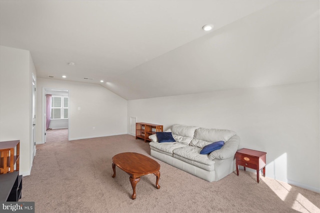 living area with carpet, vaulted ceiling, baseboards, and recessed lighting