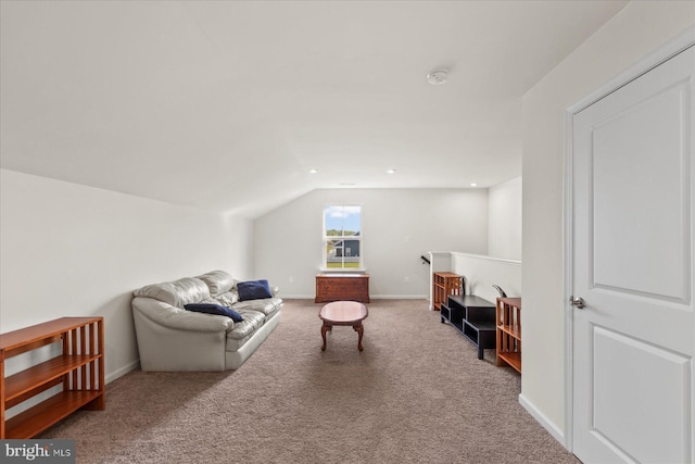 living room featuring vaulted ceiling, carpet, baseboards, and recessed lighting