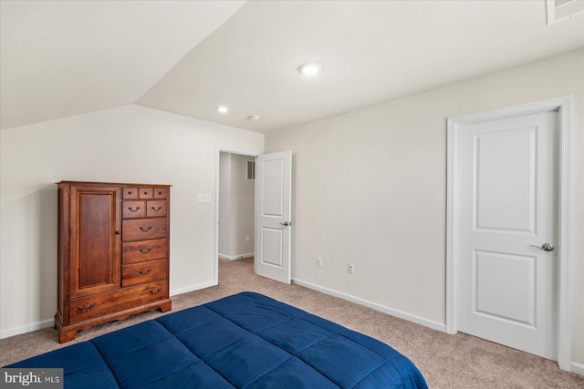 bedroom with baseboards, recessed lighting, visible vents, and light colored carpet