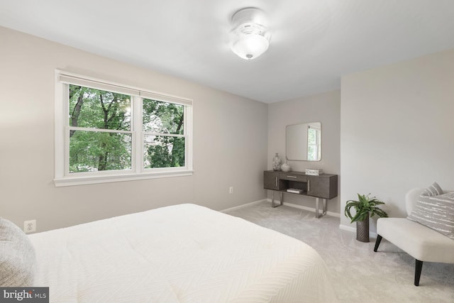 bedroom with light carpet and baseboards