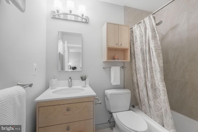 bathroom with vanity, shower / bathtub combination with curtain, and toilet