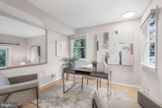office space with wood finished floors, healthy amount of natural light, and baseboards