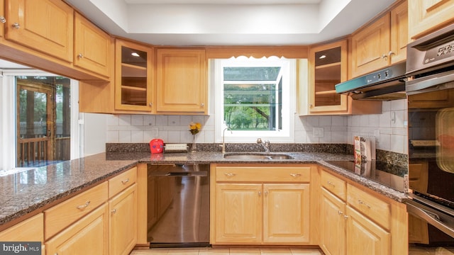 kitchen with dishwasher, a sink, black electric stovetop, under cabinet range hood, and dark stone countertops