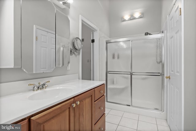 full bath featuring vanity, a shower stall, and tile patterned floors
