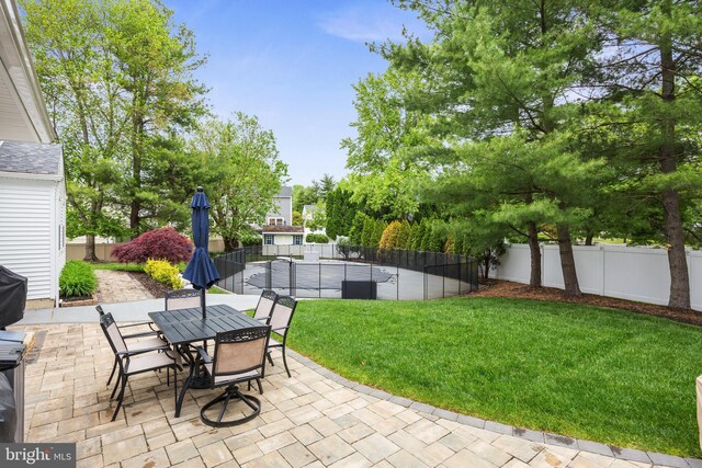 view of patio featuring outdoor dining area, a fenced in pool, and a fenced backyard