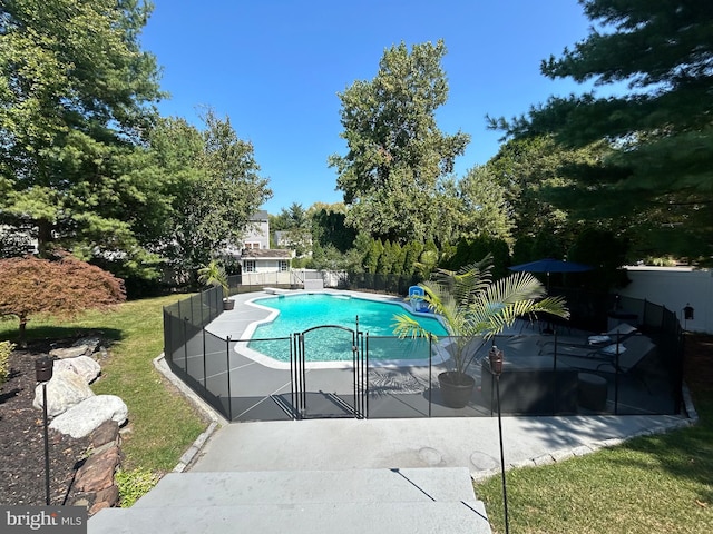 view of pool with a patio area, a fenced in pool, and fence