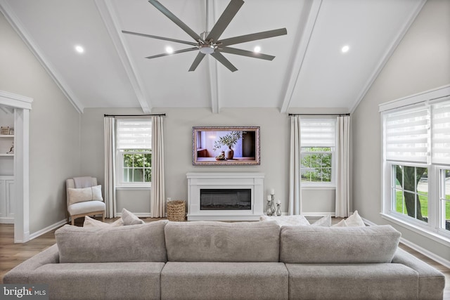 living room with a healthy amount of sunlight, lofted ceiling with beams, a glass covered fireplace, and wood finished floors