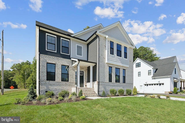 craftsman-style home featuring concrete driveway, brick siding, and a front yard